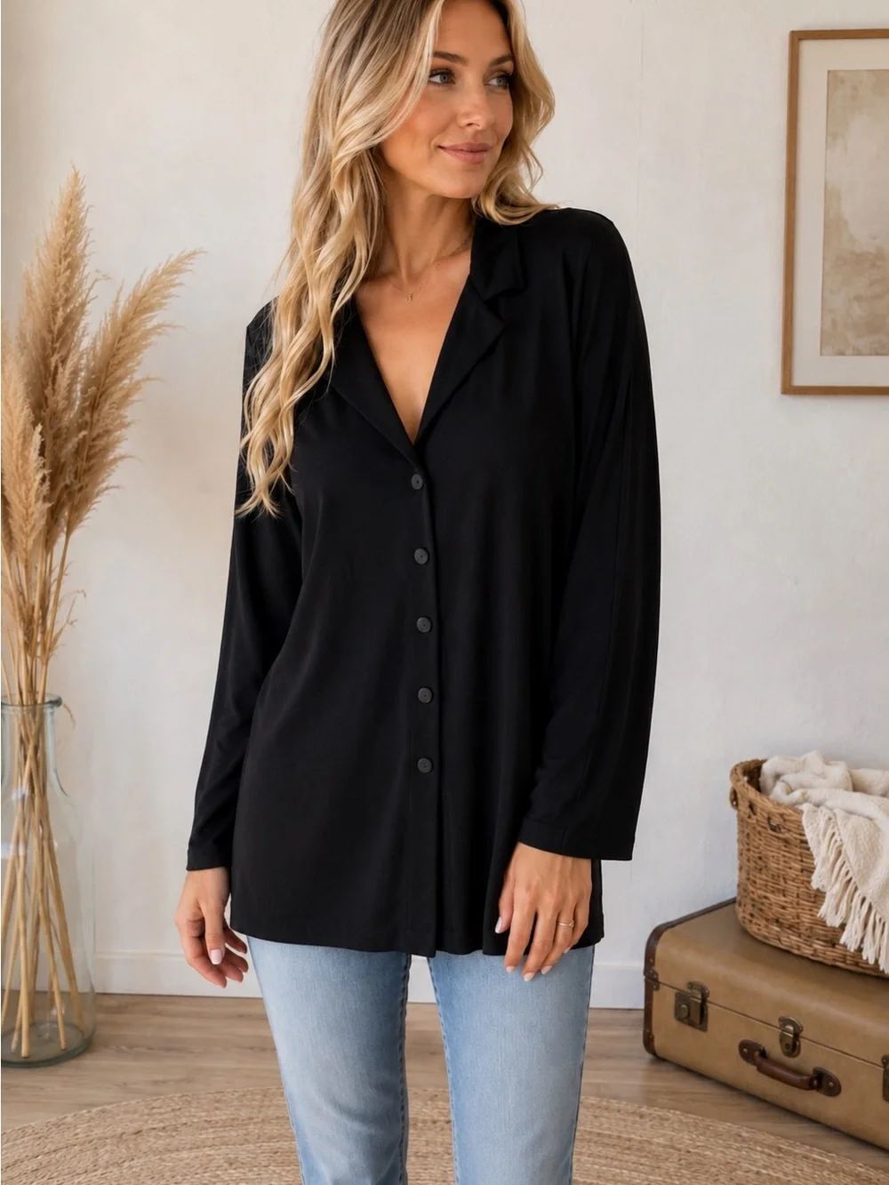 Chicos Travelers Button-Front Black Long-Sleeve Blouse - Women's